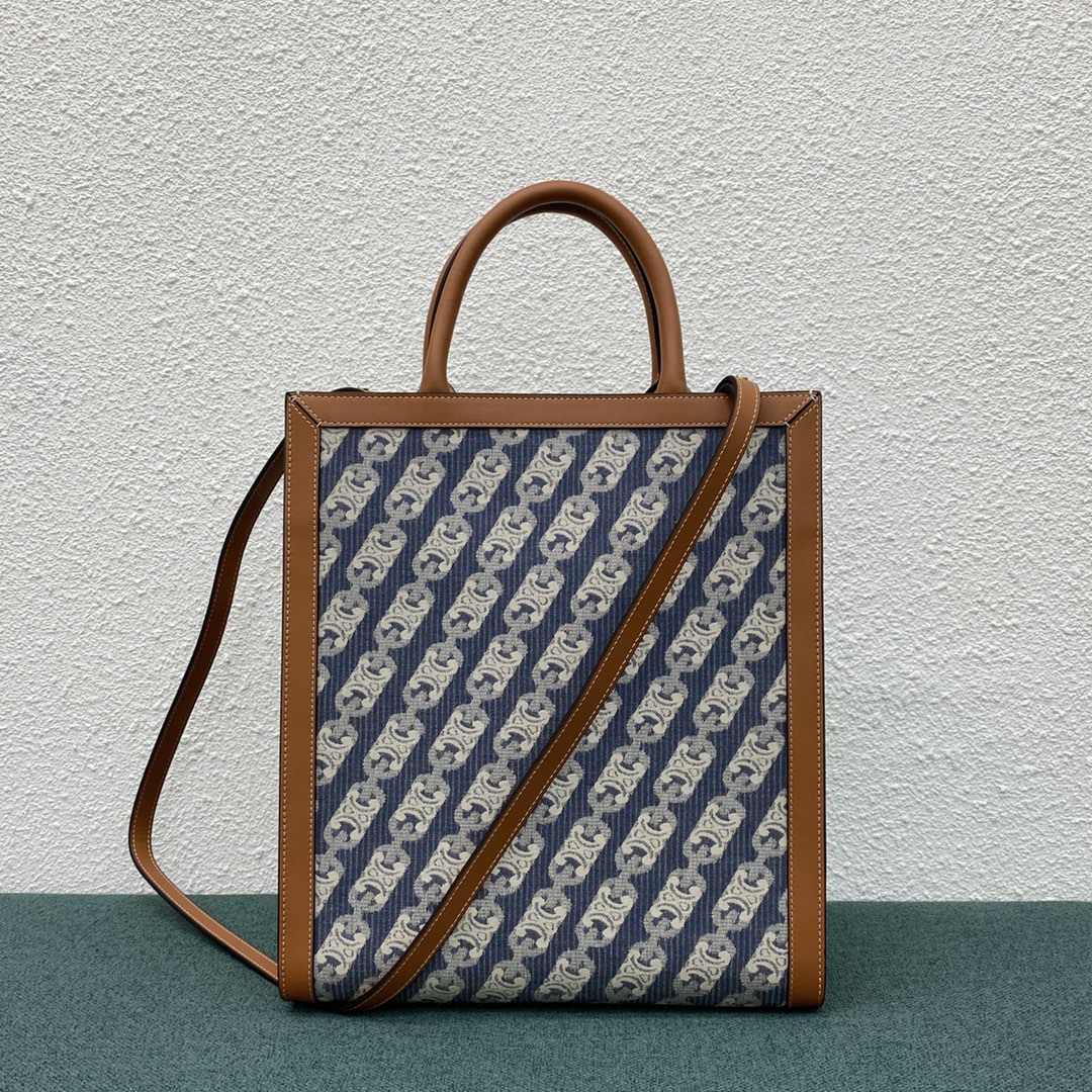 Celine Small Vertical Cabas In Textile With Celine Print And Calfskin Navy/Tan 192082